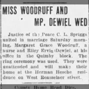 Riley Ervin Dewiel & Margaret Grace Woodruff wed Bucyrus Eve Tele Bucyrus, OH Sat Mar 26, 1921 pg3